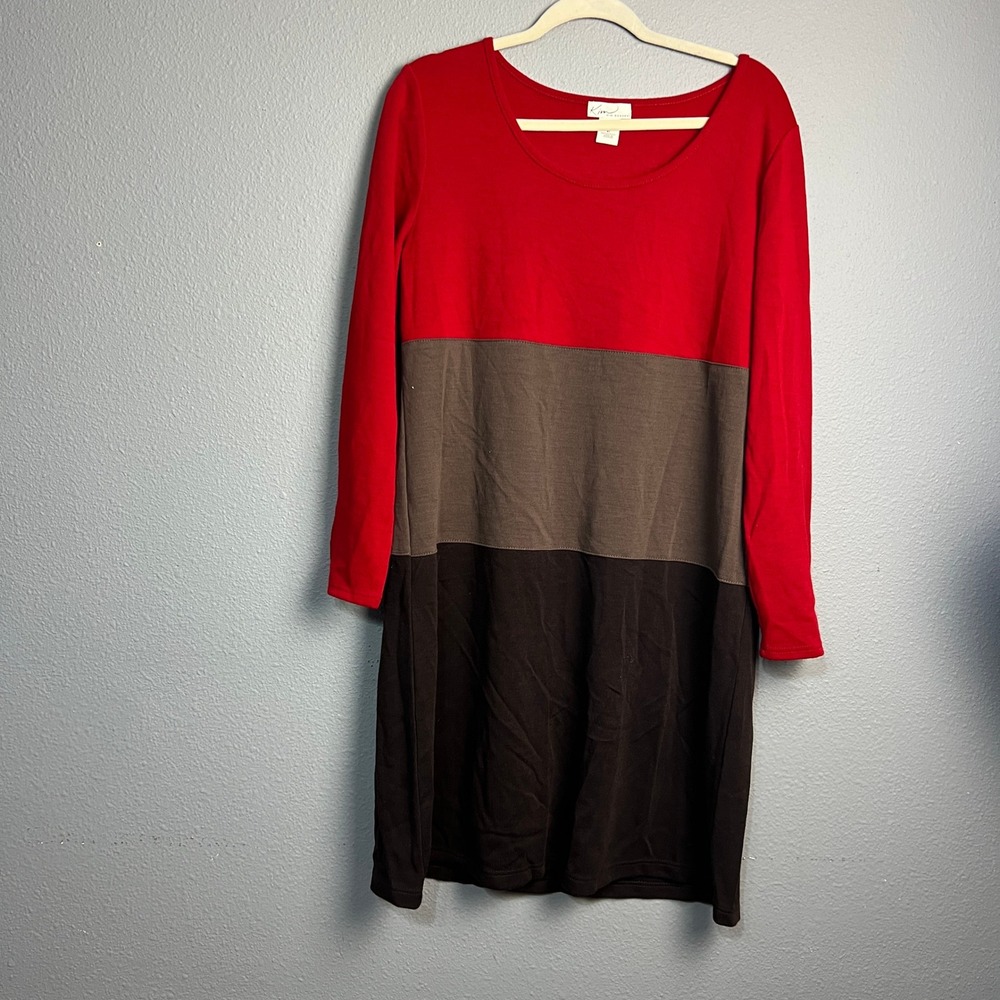 Kim Rogers Colorblock Long Sleeve Dress Red Brown Gray Knit XL Holiday Party